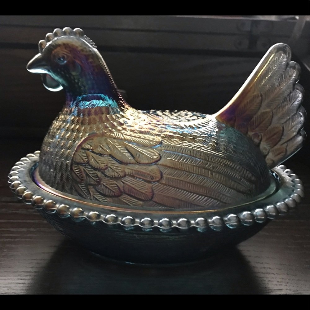Vintage Iridescent Blue Carnival Glass Hen on Nest Candy Dish
